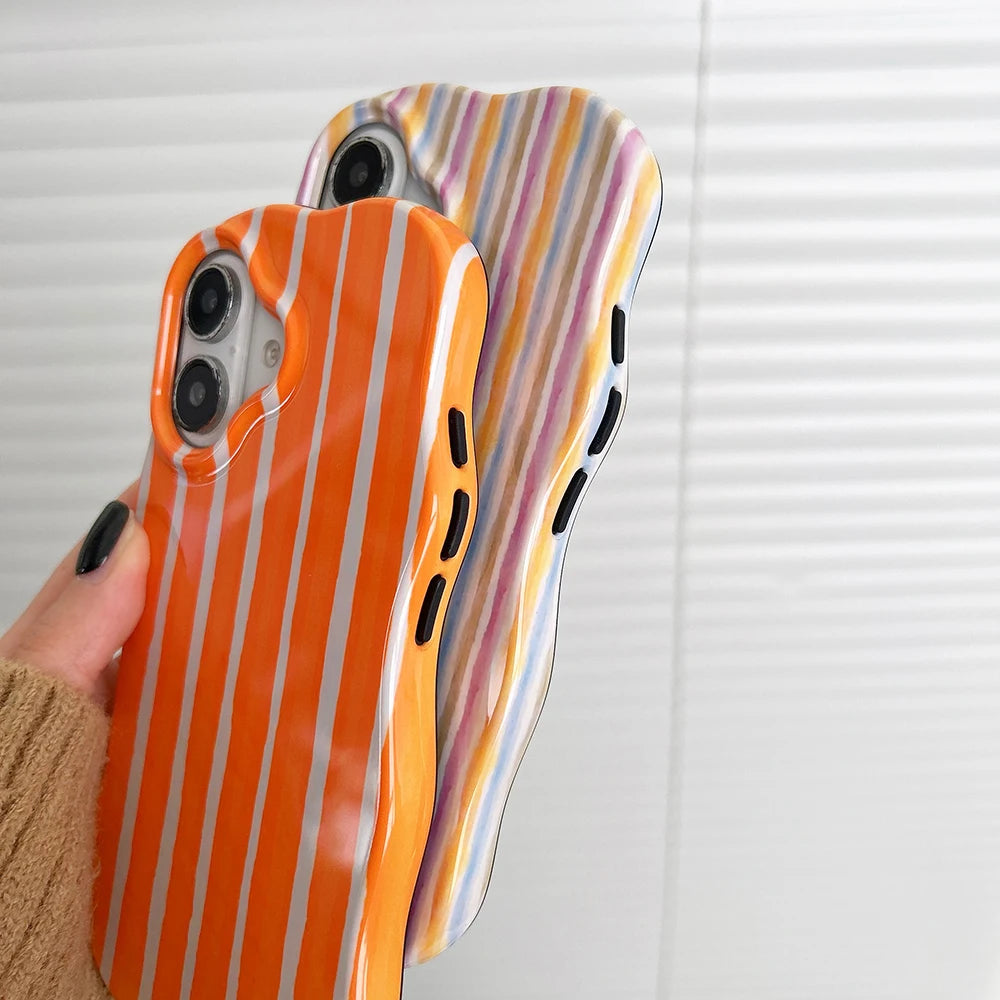 Luxury 2 in 1 Glossy Double Color Wave Stripes Case for IPhone 13 14 15 16 17 Pro Max 17Air Hit Color Collision Shockproof Cover - Ice Cream Cake