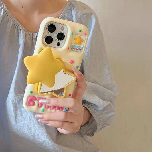 For iPhone 11 12 13 14 15 16 16e 17 Pro Max Funny 3D Star Telescopic Bracket Mirror Case Soft Silicone Stand Holder Cover - Ice Cream Cake