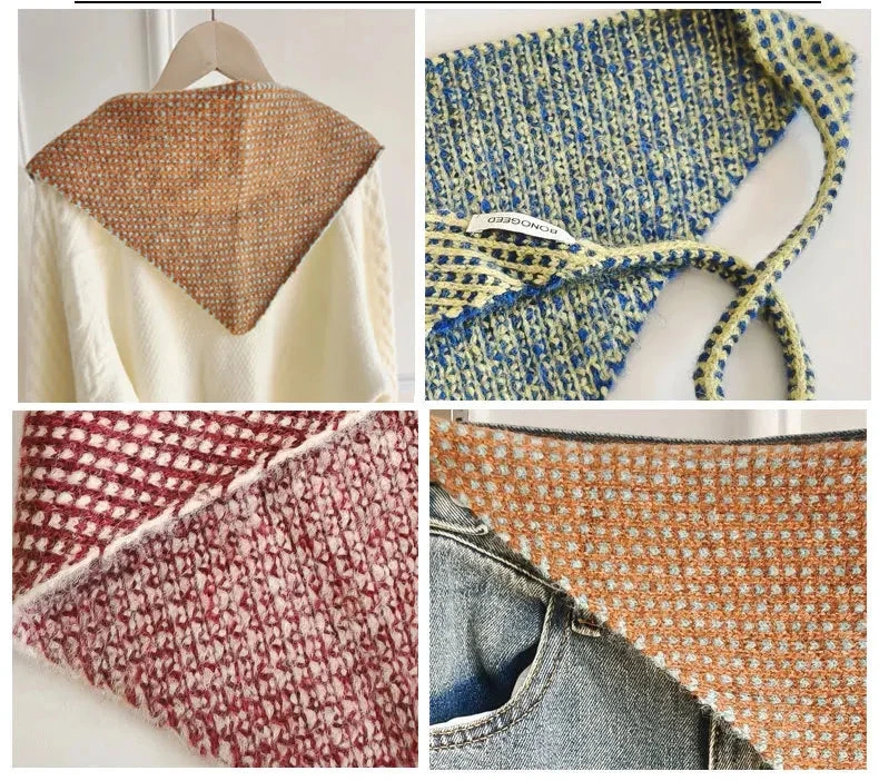 A four-panel product collage showing a knitted triangular scarf or neck gaiter in different colorways: tan and brown, blue and cream, burgundy and cream, and orange and cream, each styled on a hanger or worn over clothing. 