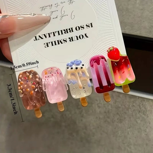 Set of colorful ice cream-shaped hair clips on a card with text