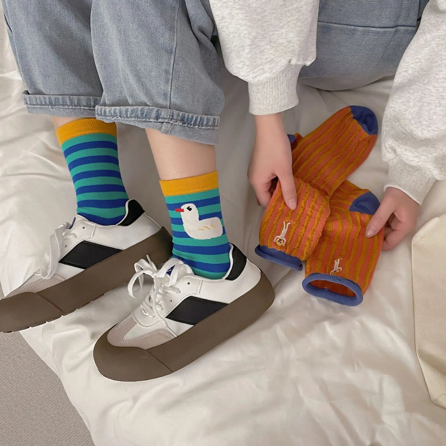 Happy Stripe Character Crew Socks - Ice Cream Cake