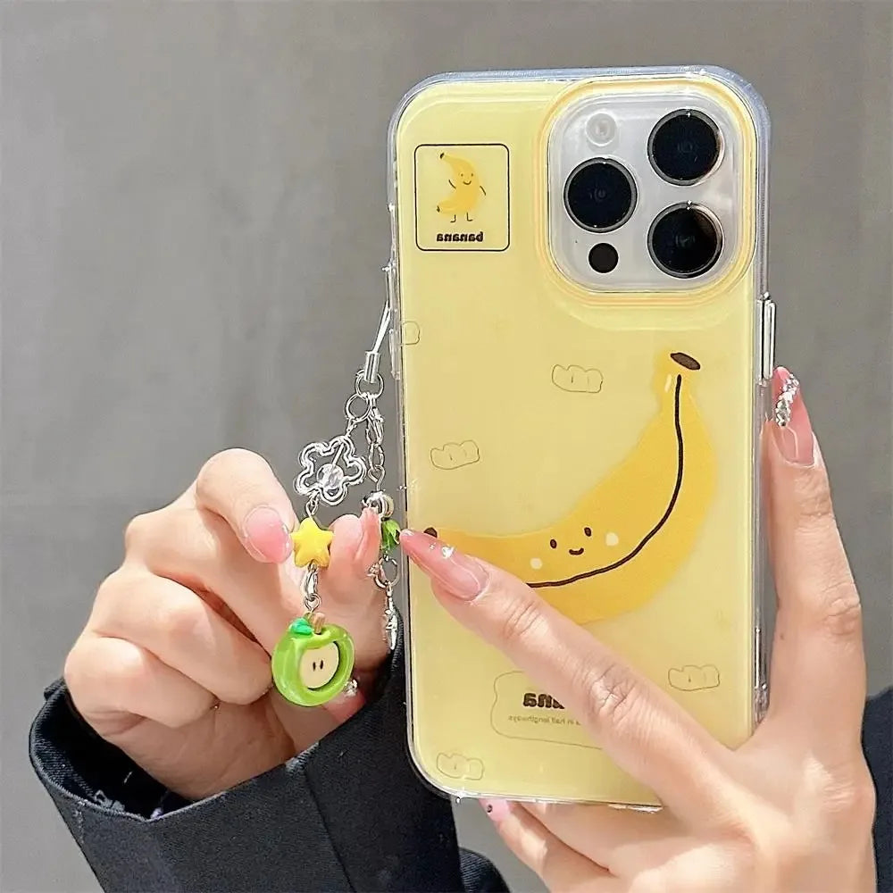 Funny Bite Apple Banana Phone Case For iPhone 11 12 13 14 15 16 17 Pro Max 16E 17Air 7 8 Plus Cute Fruit Pendant keychain Cover - Ice Cream Cake