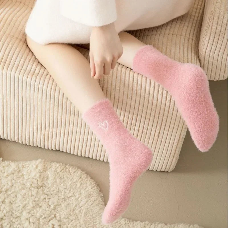 Fuzzy Heart Embroidery Crew Socks