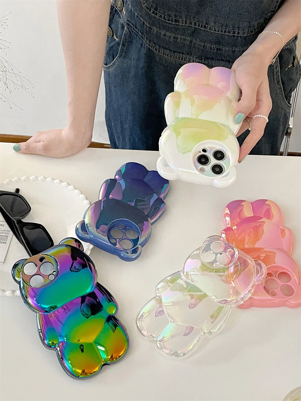 Ins Cute 3D Aurora Cartoon Bear Case For iPhone 11 13 12 14 15 16 17 Pro Max Plus Air Colorful Laser Rainbow Gradient Soft Cover - Ice Cream Cake