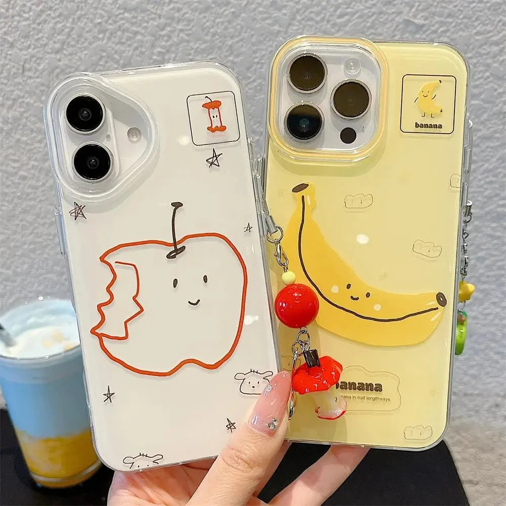 Funny Bite Apple Banana Phone Case For iPhone 11 12 13 14 15 16 17 Pro Max 16E 17Air 7 8 Plus Cute Fruit Pendant keychain Cover - Ice Cream Cake
