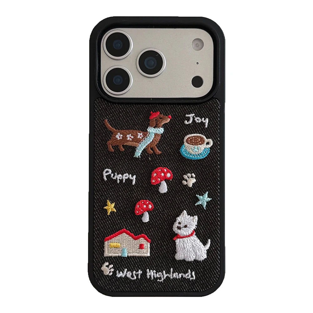 Embroidered Cozy Puppy Dogs iPhone Case
