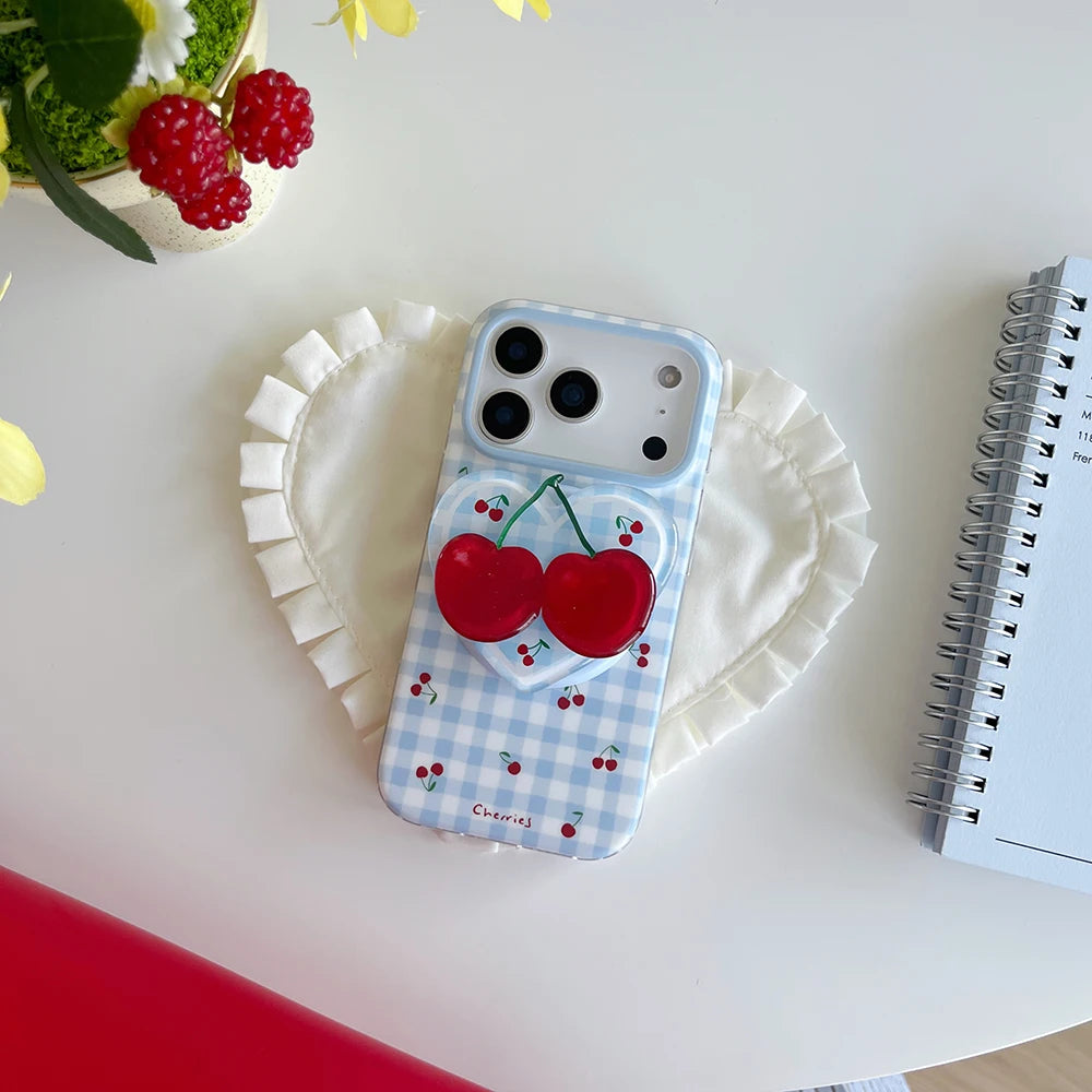 3D Cute Cherry Blue Grid Pattern Magnetic Grip Tok Phone Cases for iPhone 17pro 15 16 pro max Wireless Charge For Magsafe Cover - Ice Cream Cake