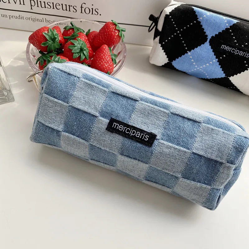 Korean Fashion Plaid Travel Makeup Kits Cosmetic Storage Bag Women Handbags Wallet Organizer Cute School Pencil Cases Pouch Bags - Ice Cream Cake