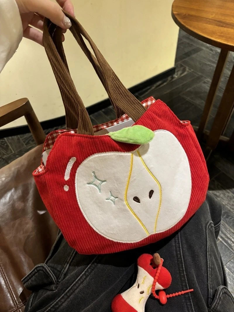 Red Apple Handbag Creative Cute Corduroy Shoulder Bag Stylish Outing Canvas Bag With Apple Pendant Casual Versatile Shoulder Bag - Ice Cream Cake