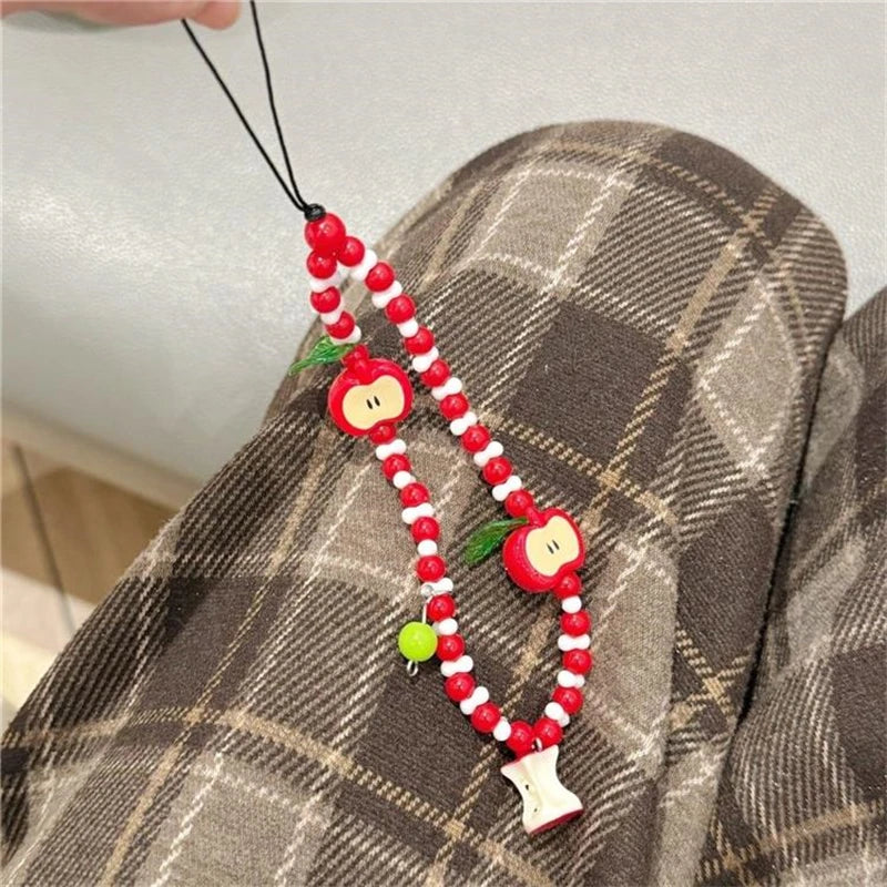 Korean Cute Apple Pearl Beaded Phone Chain Keychain Sweet Girl Bracelet Anti-Lost Phone Charm Lanyard For iPhone Samsung Camera - Ice Cream Cake