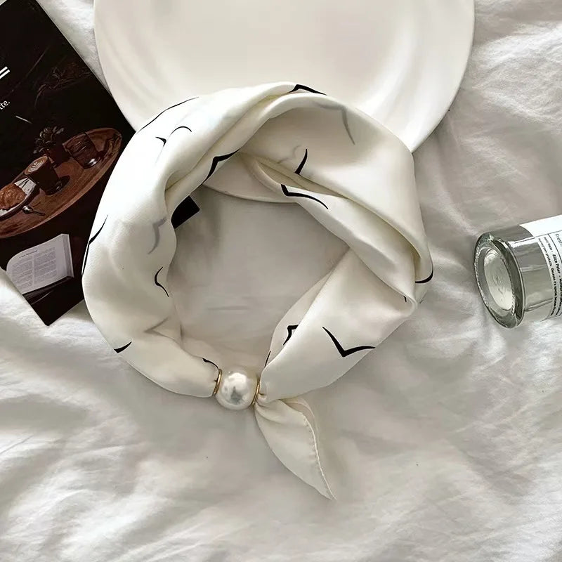 Spring Summer Thin Pearl Silk Scarves Magnetic Buckle Lazy Scarf Women Girls Sweet Elegant Pendant Collarbone Chain Neck Scarf - Ice Cream Cake