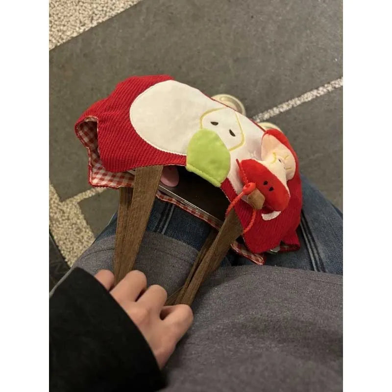 Red Apple Handbag Creative Cute Corduroy Shoulder Bag Stylish Outing Canvas Bag With Apple Pendant Casual Versatile Shoulder Bag - Ice Cream Cake