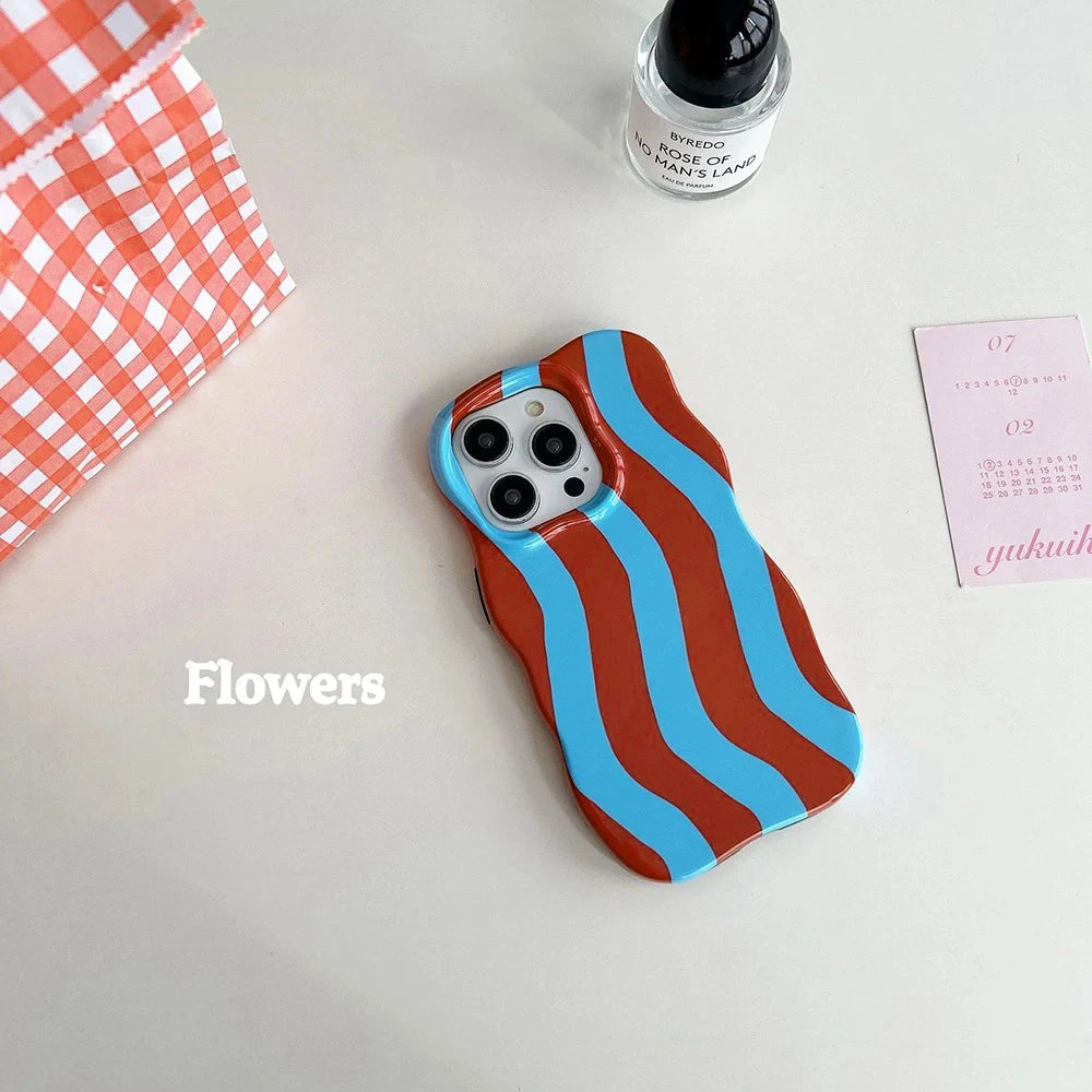 Fashion 2 in 1 Glossy Stripes Phone Case for iPhone 13 14 15 16 17 Pro Max Wave Edges Comfortable Touch Hard Slim Back Cover - Ice Cream Cake
