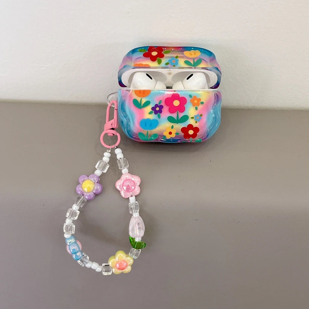 Fashion Dopamine Colorful Flower Print With Beaded Charm Pendant Protect Earphone Cover Case for AirPods 1 or 2 3 4 Pro 2 Pro 3 - Ice Cream Cake