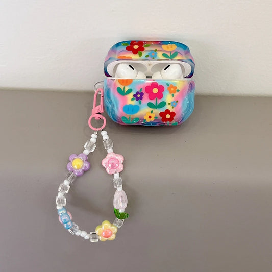 Fashion Dopamine Colorful Flower Print With Beaded Charm Pendant Protect Earphone Cover Case for AirPods 1 or 2 3 4 Pro 2 Pro 3 - Ice Cream Cake