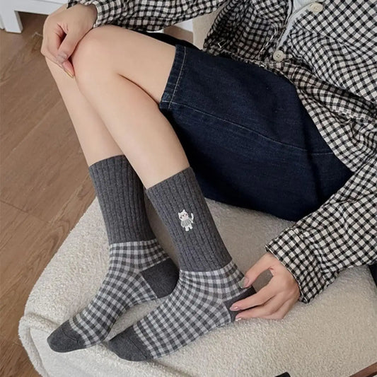 4 Pairs Cute Cartoon Cat Embroidery Socks Women's Casual Fashion Checkered Mid Calf Socks Korean Style Cute Girls Sock - Ice Cream Cake