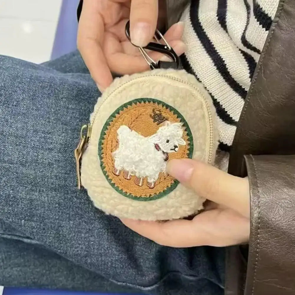 Embroidered Sheep Clip-On Sherpa Coin Purse