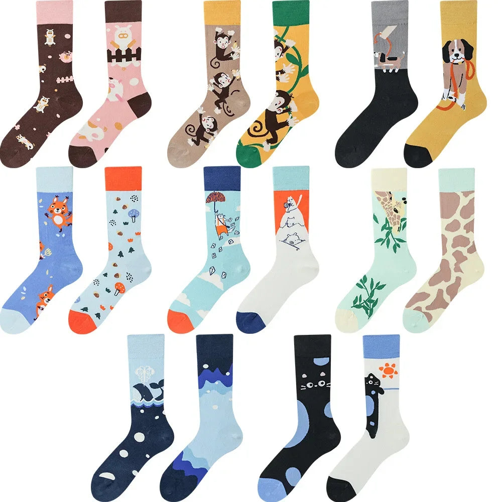 Happy Socks AB Asymmetrical Socks Cartoon Color Contrast Fashion Cotton Men And Women Couples Mid Tube Socks - Ice Cream Cake