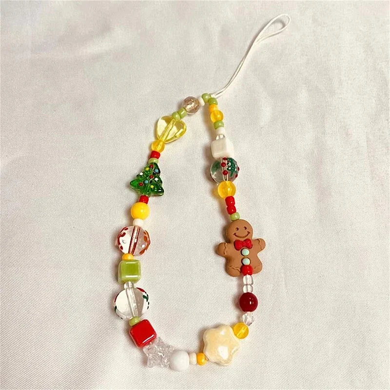 Korean Lovely 3D Christmas Gingerbread Man Beaded Phone Acrylic Pendant Keychain For IPhone Girl Anti-Lost Chain Hanging Jewelry - Ice Cream Cake