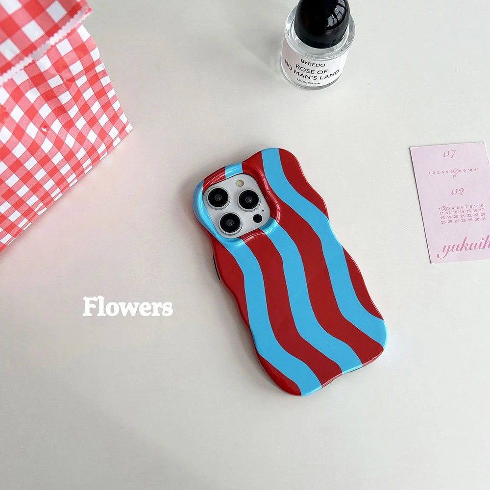 Fashion 2 in 1 Glossy Stripes Phone Case for iPhone 13 14 15 16 17 Pro Max Wave Edges Comfortable Touch Hard Slim Back Cover - Ice Cream Cake