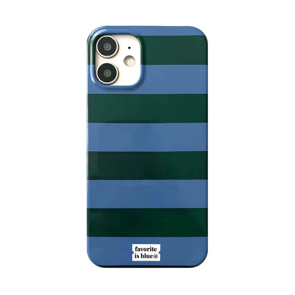 A phone case with horizontal stripes in shades of blue and dark green, featuring a small white label at the bottom that reads 'favorite is blue'.