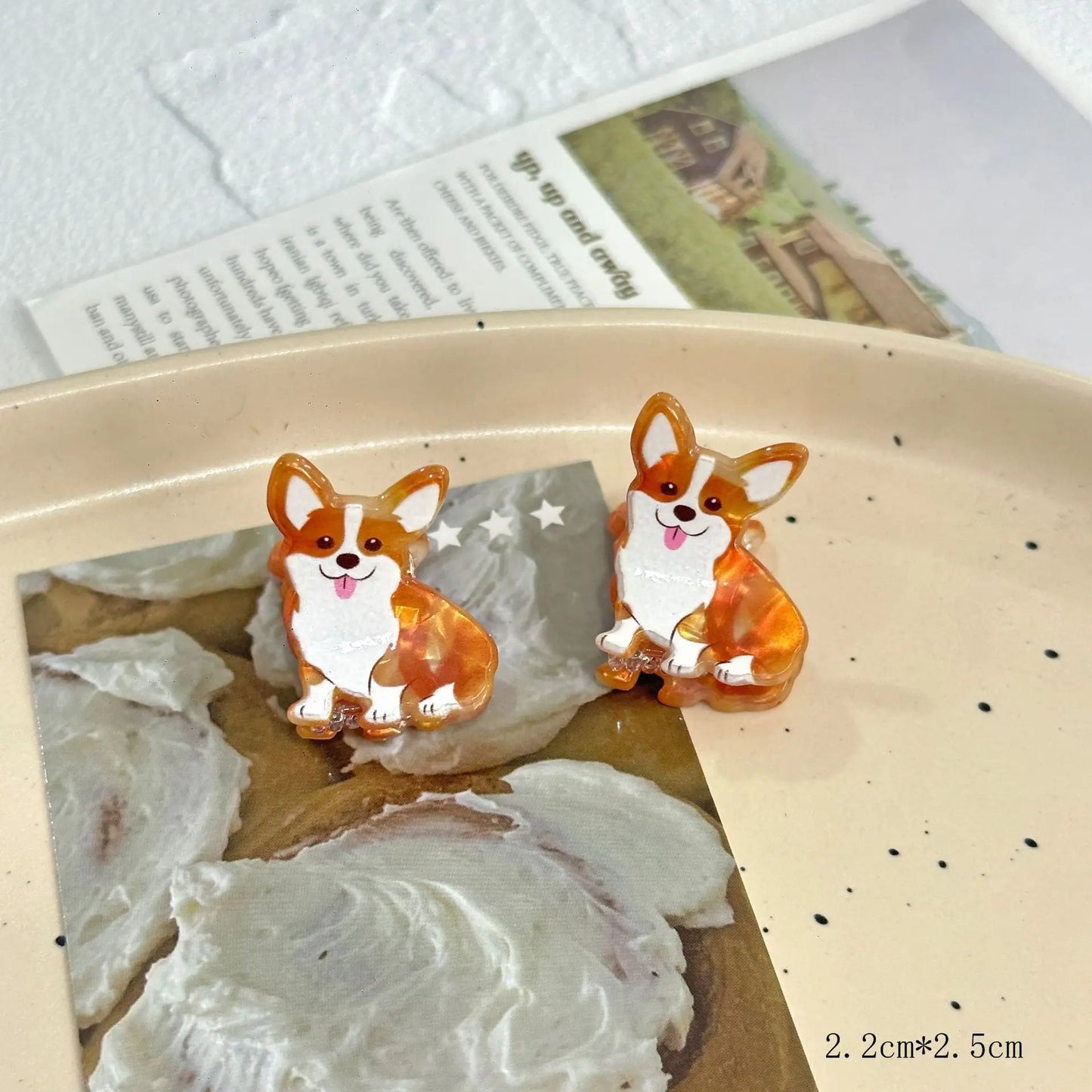 2Pcs Cartoon Cute Animal Small Grab Clip for Women Imitation Corgi French Bulldog Shiba Inu Dogs Bangs Claw Fun Hair Accessories - Ice Cream Cake