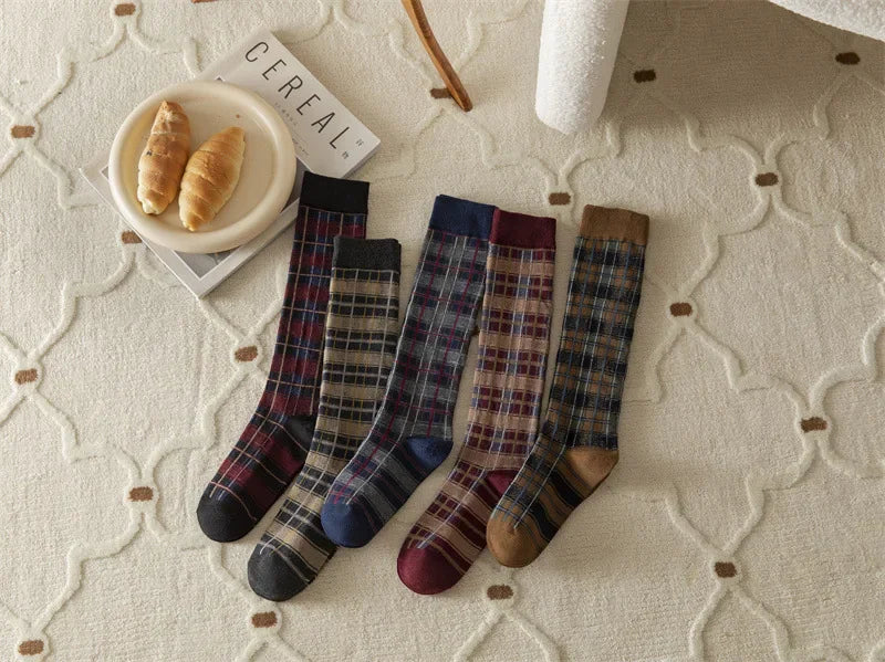 Plaid Long Socks Stocking Women Stockings Harajuku Retro Vintage JK School Girls Cotton Knee Socks Women Stockings College Style - Ice Cream Cake