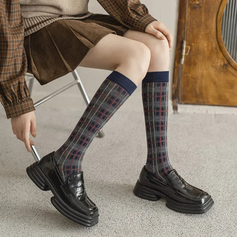Plaid Long Socks Stocking Women Stockings Harajuku Retro Vintage JK School Girls Cotton Knee Socks Women Stockings College Style - Ice Cream Cake