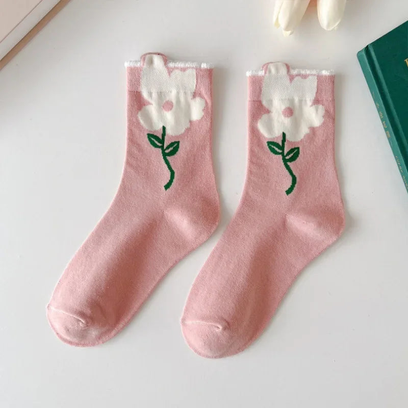 Women Socks Japanese Korean Style Cartoon Flower Rabbit Harajuku Cute Kawaii Mid Tube Breathable Casual Short Cotton Socks - Ice Cream Cake
