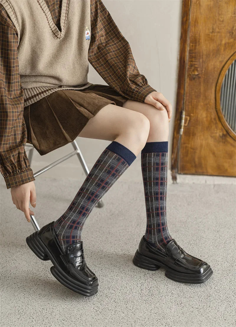 Plaid Long Socks Stocking Women Stockings Harajuku Retro Vintage JK School Girls Cotton Knee Socks Women Stockings College Style - Ice Cream Cake