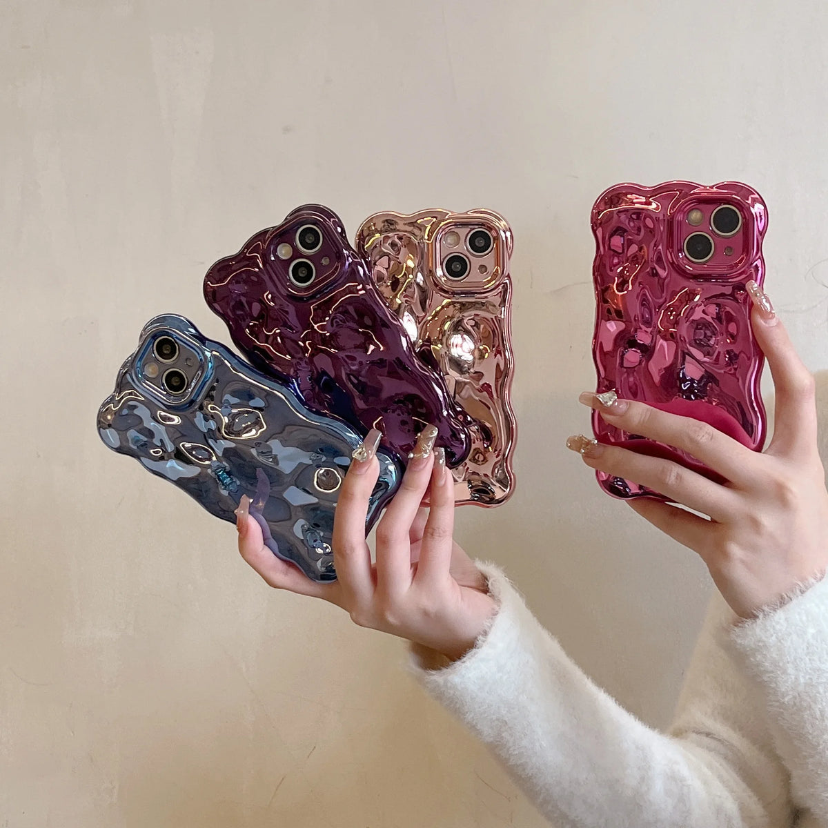 Luxury Wavy 3D Meteorite Texture Plating Silver Case for iPhone 11 12 13 14 15 Pro Max Anti-Fall Full Protection Glossy Cover - Ice Cream Cake
