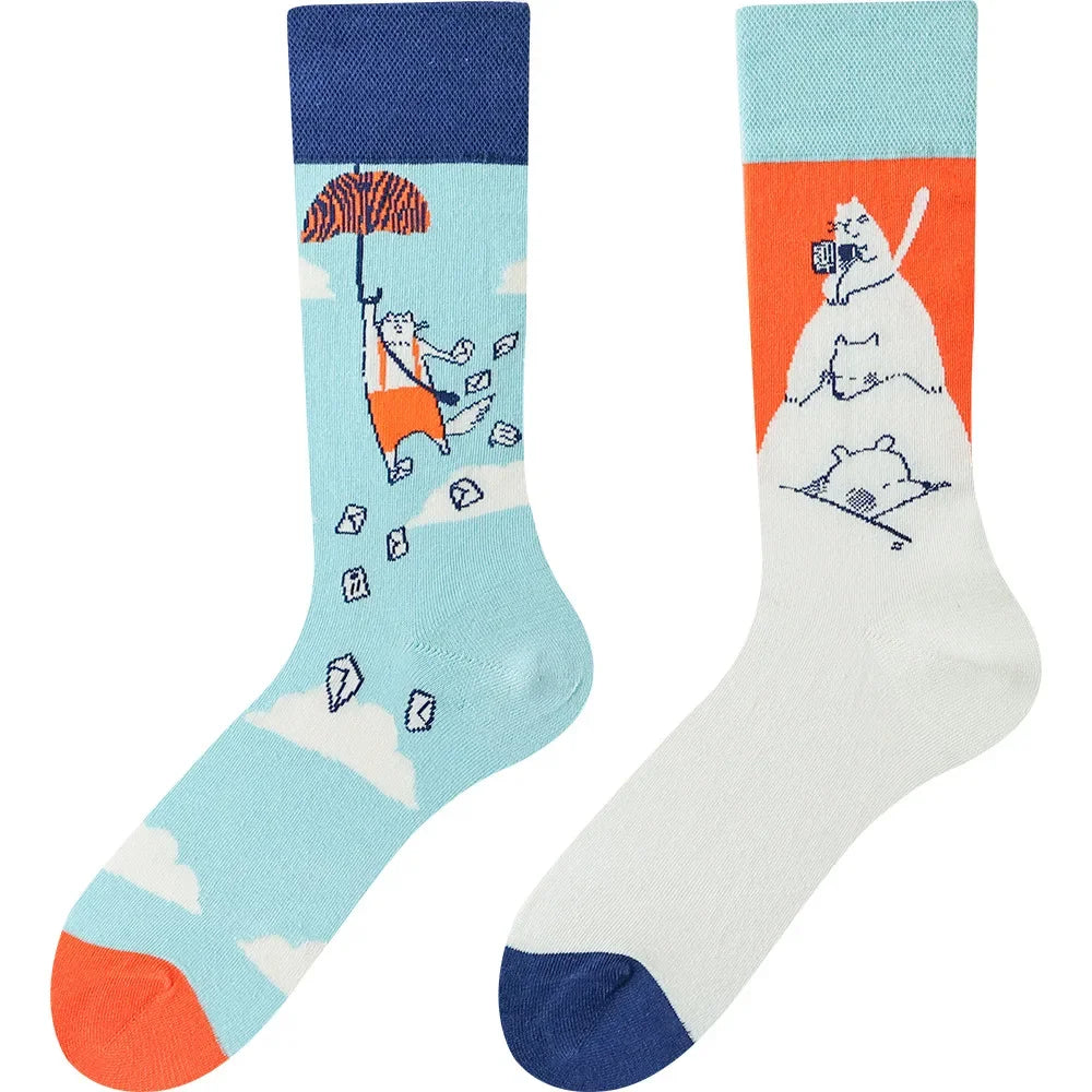 Happy Socks AB Asymmetrical Socks Cartoon Color Contrast Fashion Cotton Men And Women Couples Mid Tube Socks - Ice Cream Cake