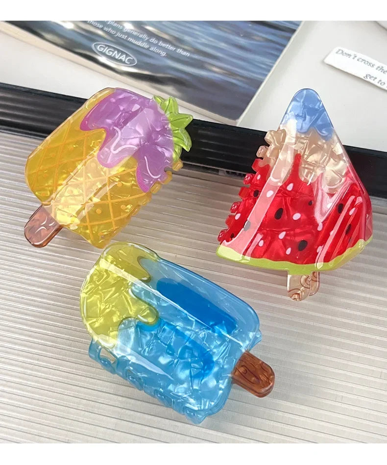 Creative Vacation Watermelon Ice Cream Hair Clip Summer Cartoon Chocolate Ice Cream Shark Clip Half-up Hair Accessory for Women - Ice Cream Cake