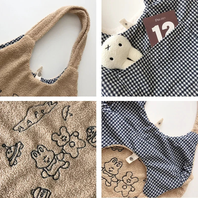 Teddy Fur Tote with Bunny Friends Embroidery