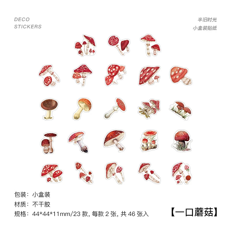 A sheet of decorative mushroom stickers arranged on a white background with Chinese text labels. The stickers depict various red-capped mushrooms with white spots and some brown/greenish earth-toned mushrooms.