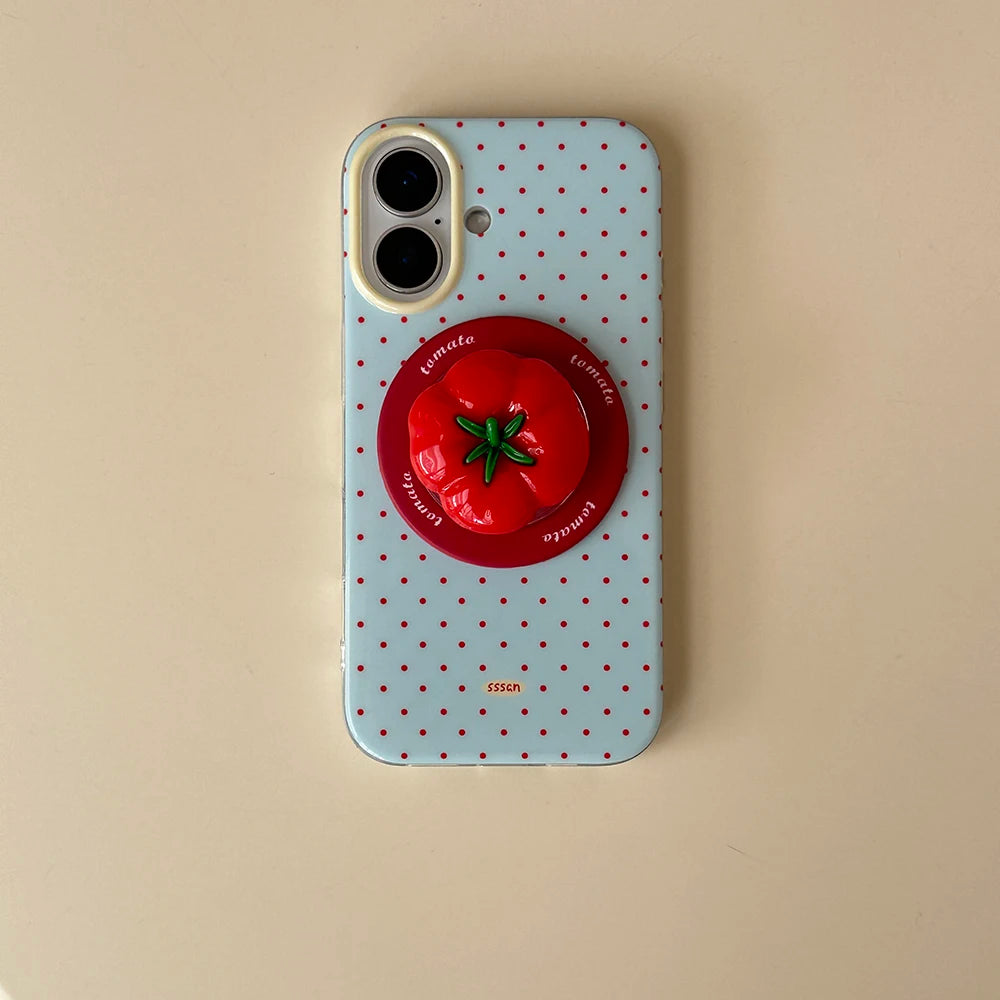 3D Polka Dot Cute Tomato Magnetic Grip Tok Phone Stand Holder Phone Case for iPhone 16 15 13 17 Pro Max For Magsafe Back Cover - Ice Cream Cake