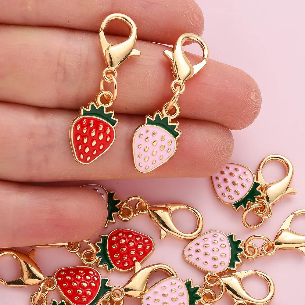 12PCS Golden Alloy Enamel Strawberry Charms - 3.3cm Random Mixed Color DIY Jewelry Accessories for Keychains, Bags & Pendants - Ice Cream Cake