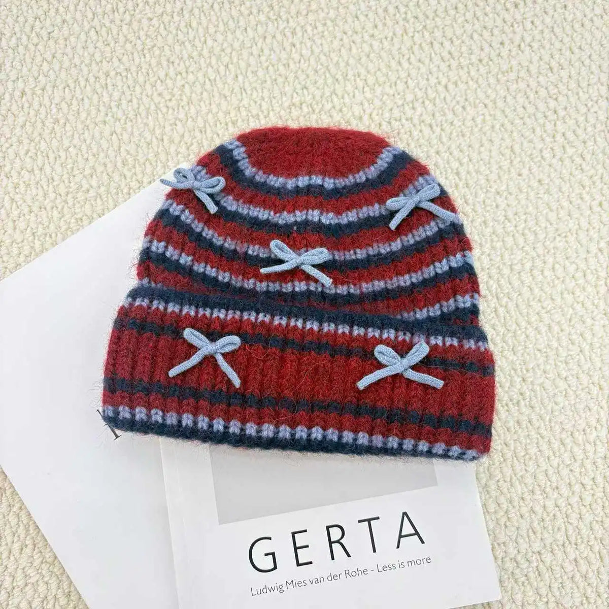 Bow Detail Striped Knit Beanie