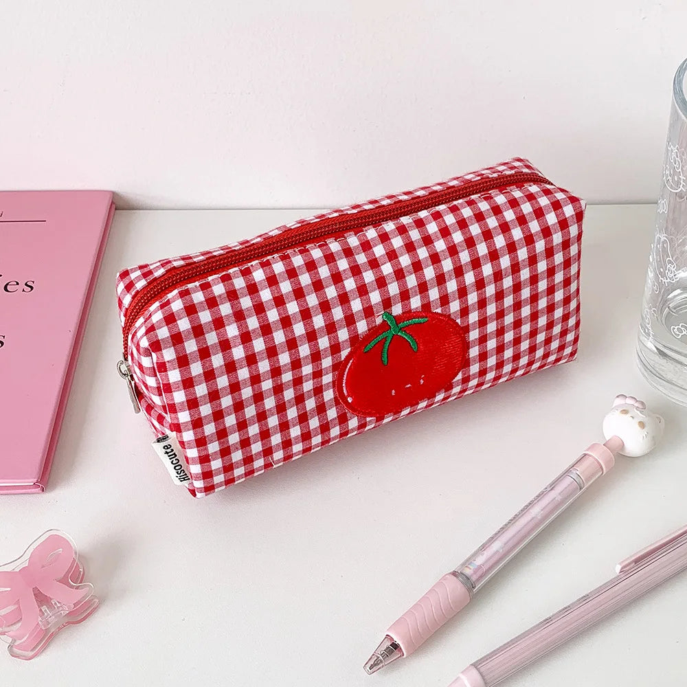 1pc Fashion Cartoon Tomato Plaid Pencil Case Student Stationery Large Capacity Desktop Storage Pen Bag Kids School Supplies - Ice Cream Cake