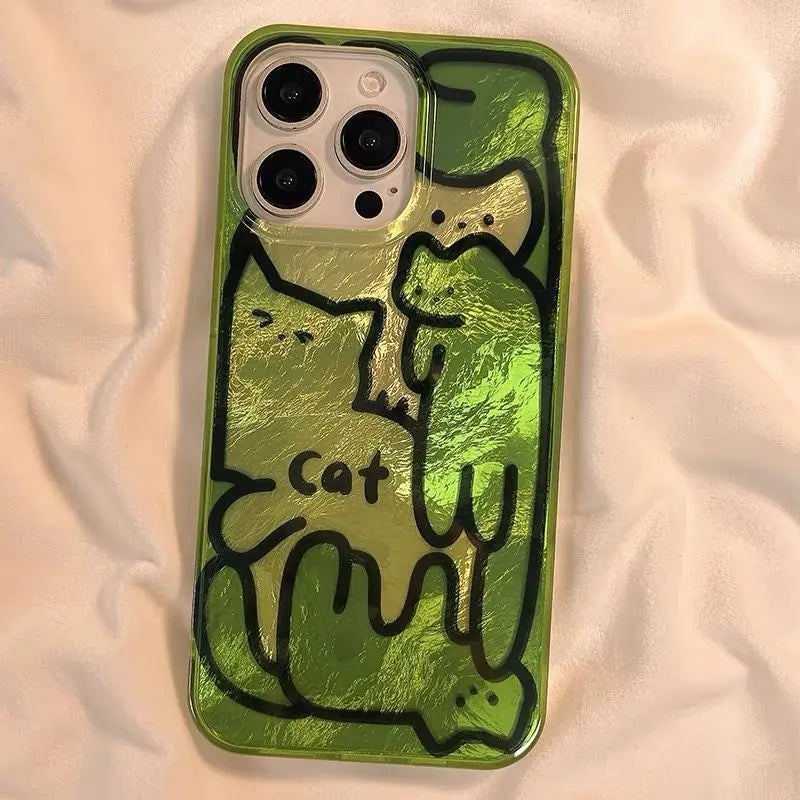 Green phone case with a cat illustration on a beige fabric background
