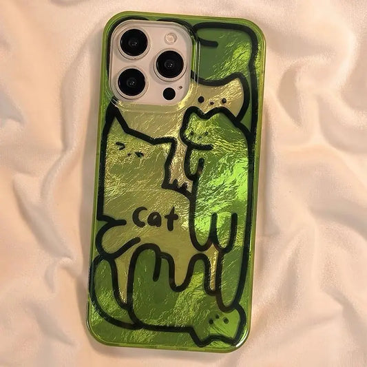 Green phone case with a cat illustration on a beige fabric background