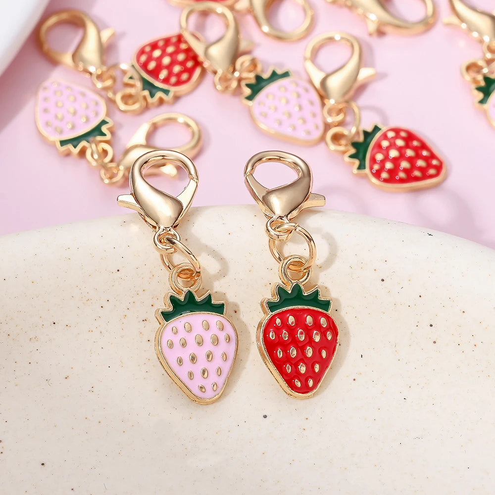 12PCS Golden Alloy Enamel Strawberry Charms - 3.3cm Random Mixed Color DIY Jewelry Accessories for Keychains, Bags & Pendants - Ice Cream Cake