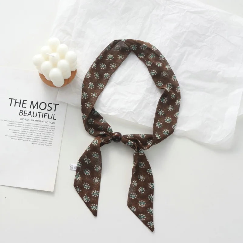 Retro Maillard Brown Floral Scarf Fashionable Old Money Style Light Luxury High-Grade Temperament Small Square Towel Lazy Scarf - Ice Cream Cake
