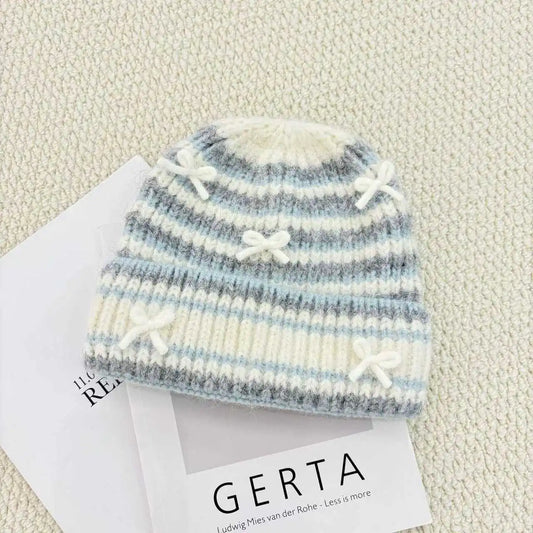 Bow Detail Striped Knit Beanie