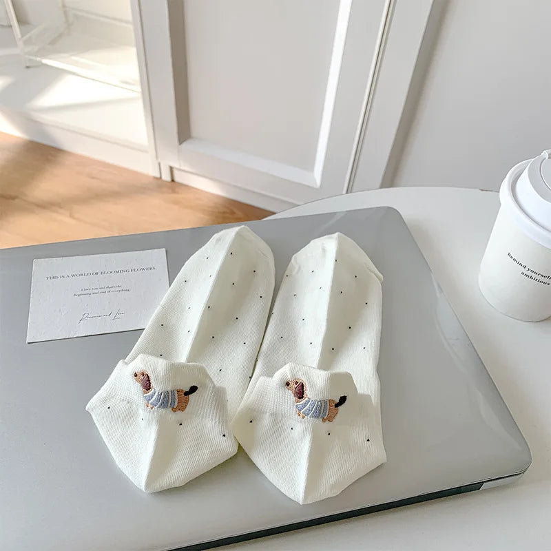 Spring Summer Thin Women Short Socks Polka Dots Cute Cartoon Sausage Dog Embroidery Boat Socks Pure Cotton Short Trendy Socks - Ice Cream Cake