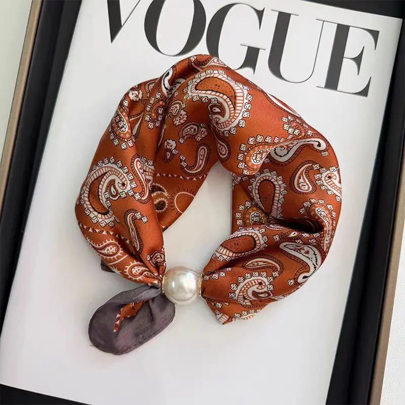 Spring Summer Thin Pearl Silk Scarves Magnetic Buckle Lazy Scarf Women Girls Sweet Elegant Pendant Collarbone Chain Neck Scarf - Ice Cream Cake