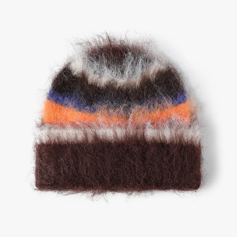 Fluffy Contrast Stripe Knit Beanie