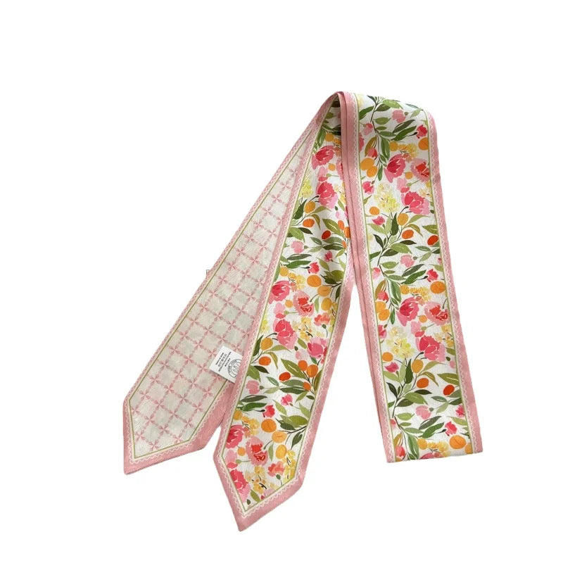High-Grade Flower Print Long Silk Scarf Hair Band Ribbon Tied-up Hair Long Bow Vintage Satin Ribbon Hair Accessories For Women - Ice Cream Cake