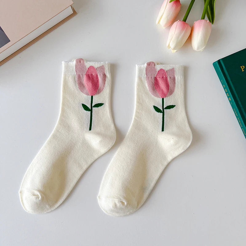 Women Socks Japanese Korean Style Cartoon Flower Rabbit Harajuku Cute Kawaii Mid Tube Breathable Casual Short Cotton Socks - Ice Cream Cake