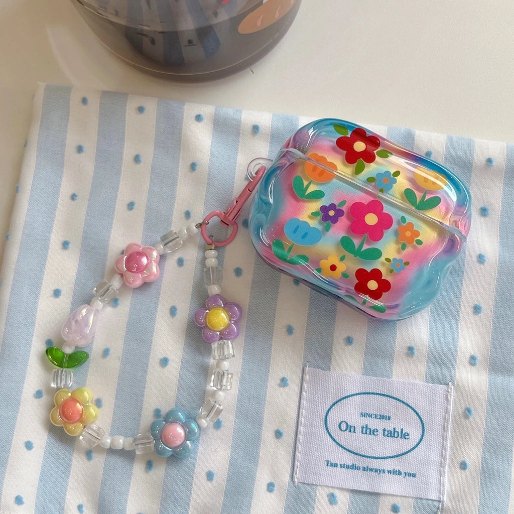 Fashion Dopamine Colorful Flower Print With Beaded Charm Pendant Protect Earphone Cover Case for AirPods 1 or 2 3 4 Pro 2 Pro 3 - Ice Cream Cake